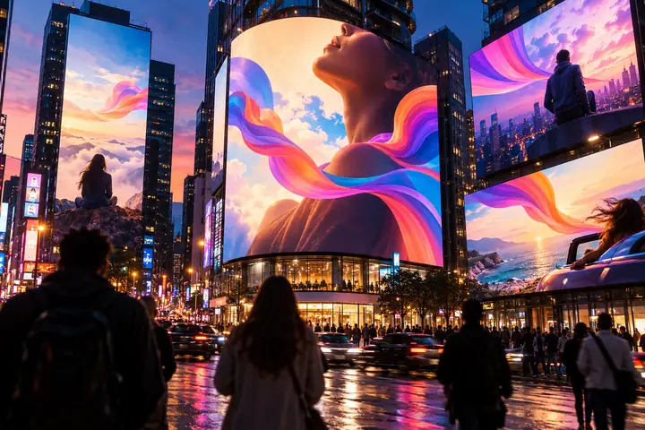 Farbenfrohe digitale Kreativkampagne auf Werbetafeln in der Stadt.