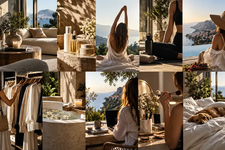 Eine Sammlung hochwertiger Werbelayouts für Wohnen, Beauty und Lifestyle, nebeneinander präsentiert.