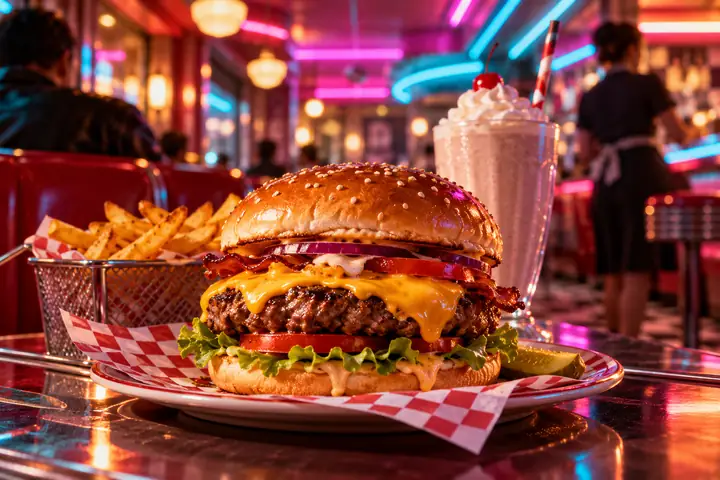Saftiger Cheeseburger in einer farbenfrohen, neonbeleuchteten Diner-Werbeszene.