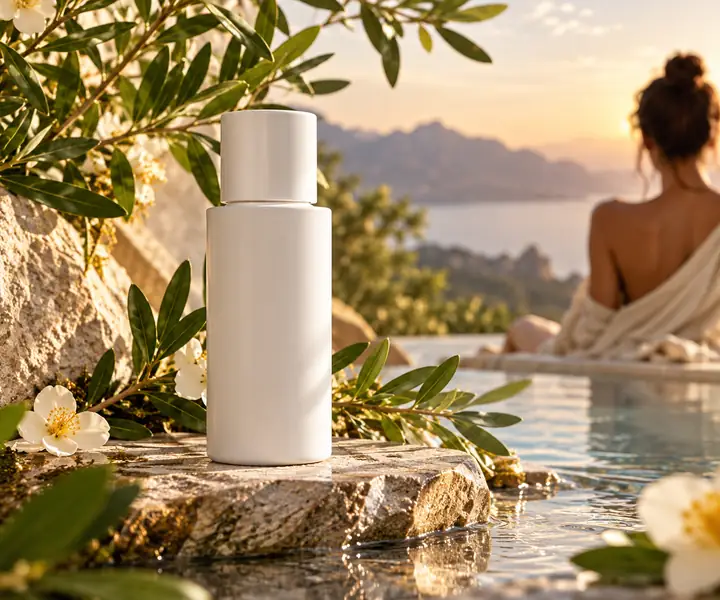 Hochwertige weiße Hautpflegeflasche vor einem dezenten botanischen Hintergrund fotografiert.
