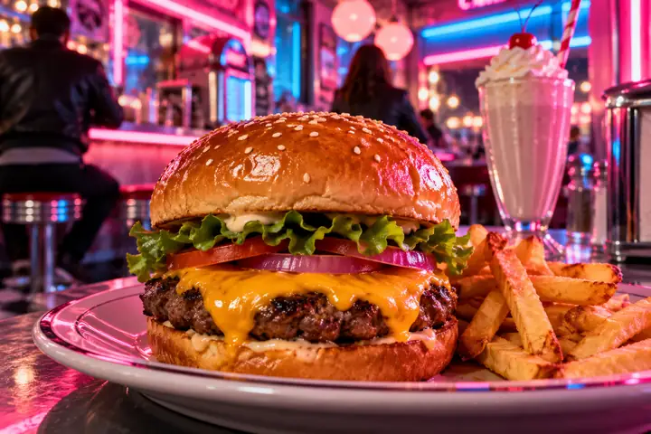 Nahaufnahme eines Cheeseburgers in einer glänzenden Diner-Szene in Neonpink und -blau.
