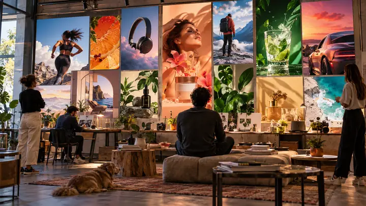 Weitläufiger, stilvoller Kreativarbeitsbereich mit einer Galerie farbenfroher Werbekonzepte.