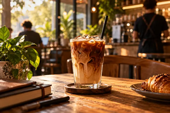 Eiskaffee in einer warm beleuchteten Café-Werbeszene.