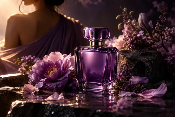 Lila Parfümflakon, mit Blumen in einem effektvoll ausgeleuchteten Studio fotografiert.