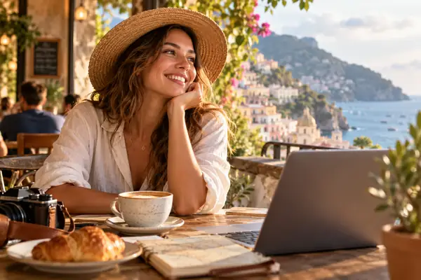Einladende Reisewerbung mit einer lächelnden Reisenden in einem gemütlichen Café.