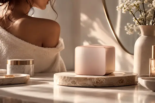 Minimalistische Anzeige für ein Beauty-Produkt mit weicher Studiobeleuchtung.